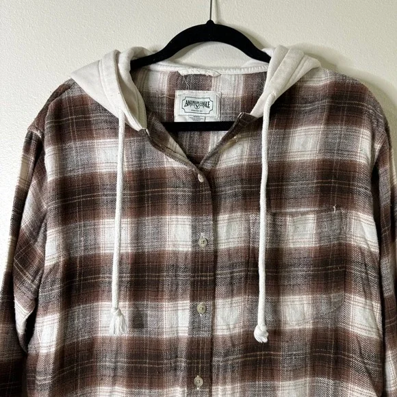 Y2K American Eagle Outfitters Flannel Plaid Button Up Hoodie Shirt Brown White M - Picture 2 of 8